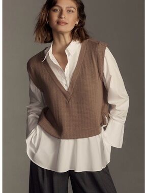 Anthropologie Twofer Taupe Knit V-Neck Sweater Vest